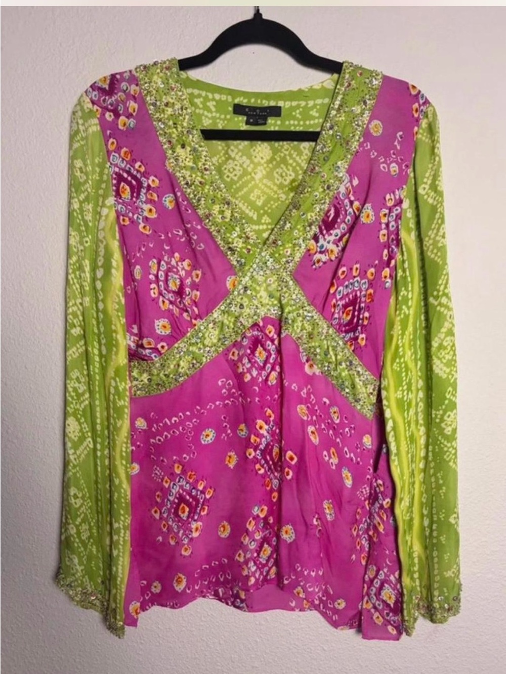 ECI Pink and Lime Green Printed V-Neck Tunic